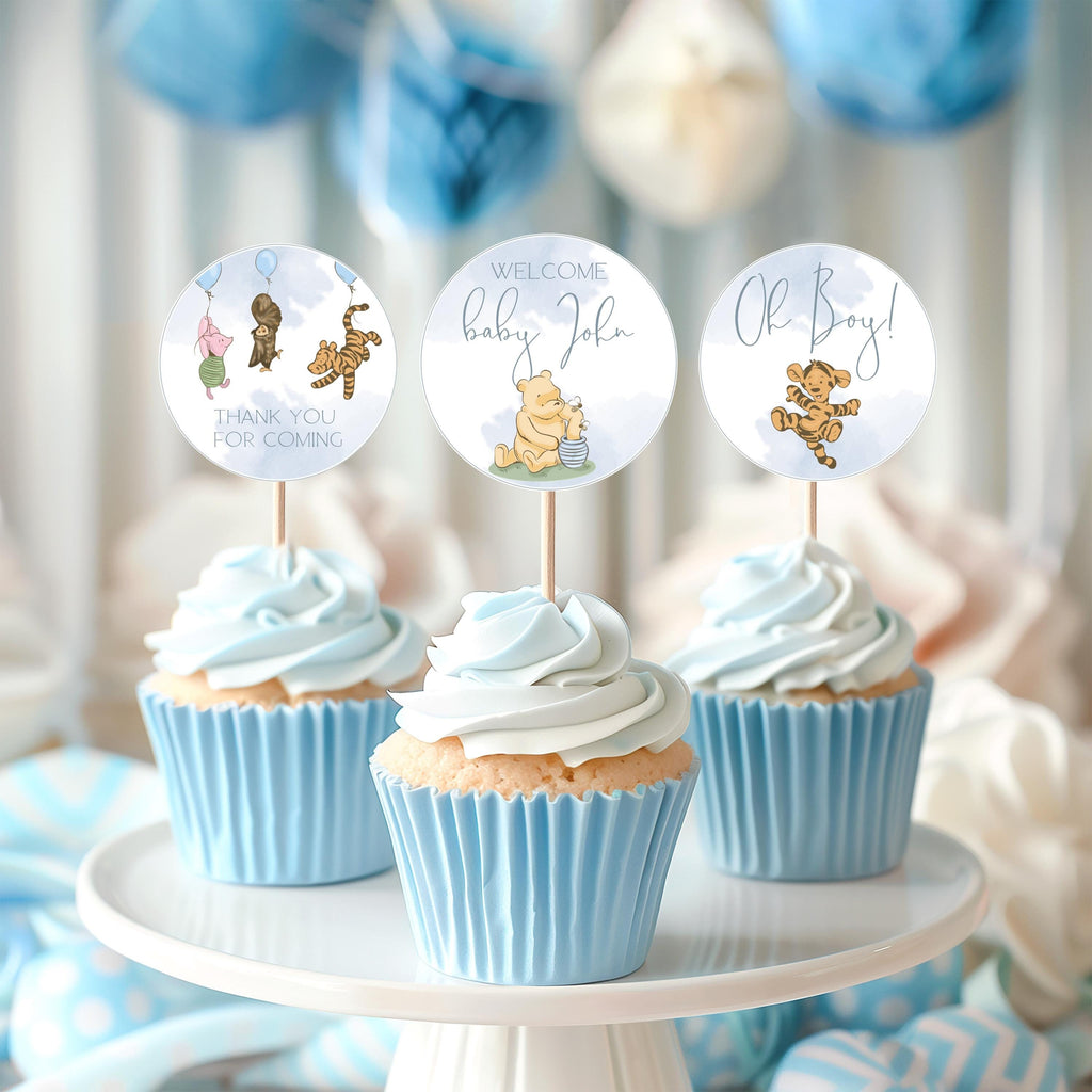 Winnie the Pooh Baby Shower Cupcake Toppers: Blue Theme (Digital Download)
