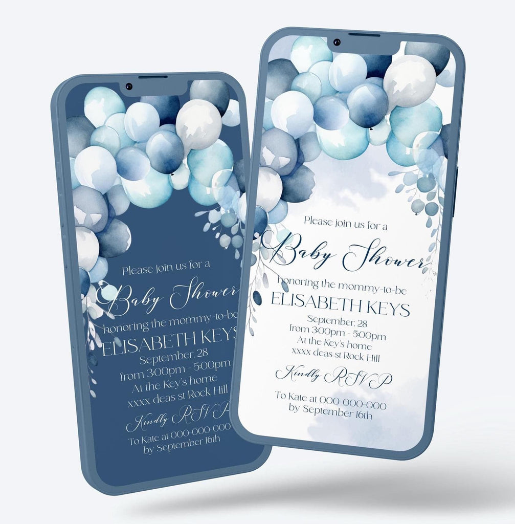 A digital baby shower invitation template with a blue and white color scheme, featuring balloon graphics and editable text fields for personalization.