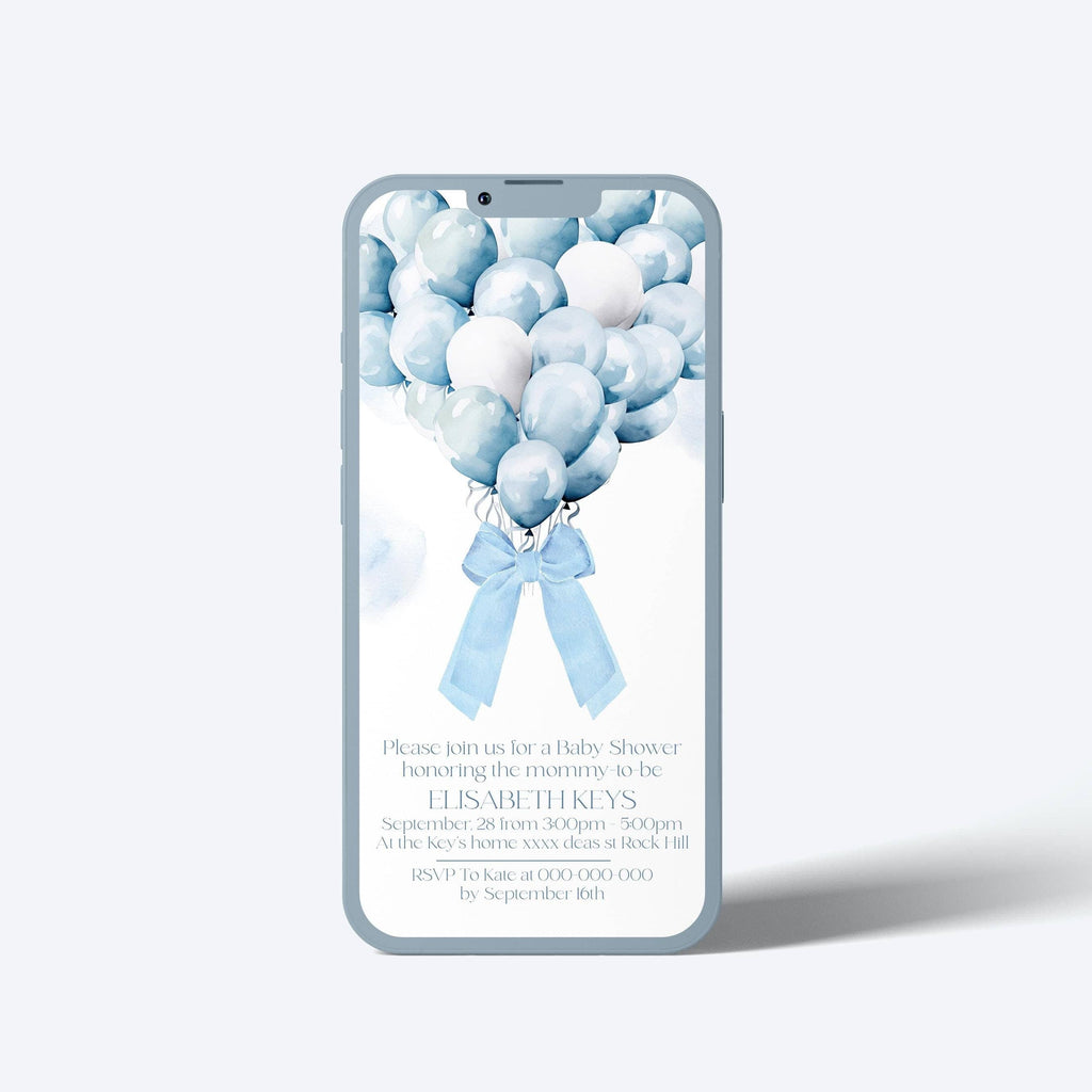A digital invitation template for a baby shower with blue balloons and a blue bow detail, customizable using a template editor.