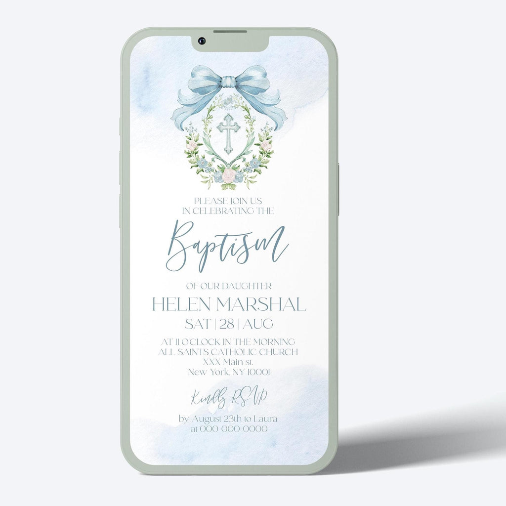 A digital baptism invitation template on an iPhone, featuring a blue and white design with floral elements and customizable text.