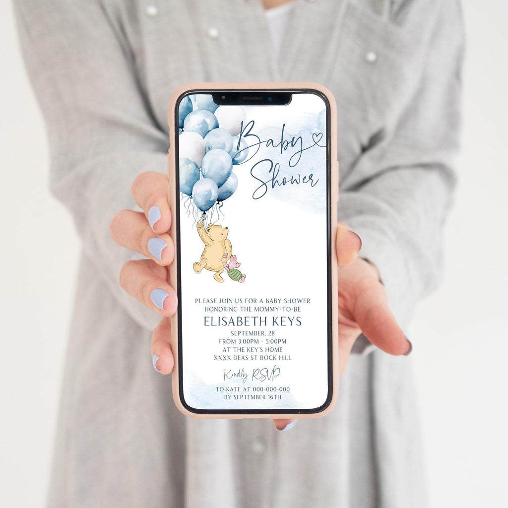 Winnie the Pooh Baby Shower Invitation: Blue Balloons (Digital)