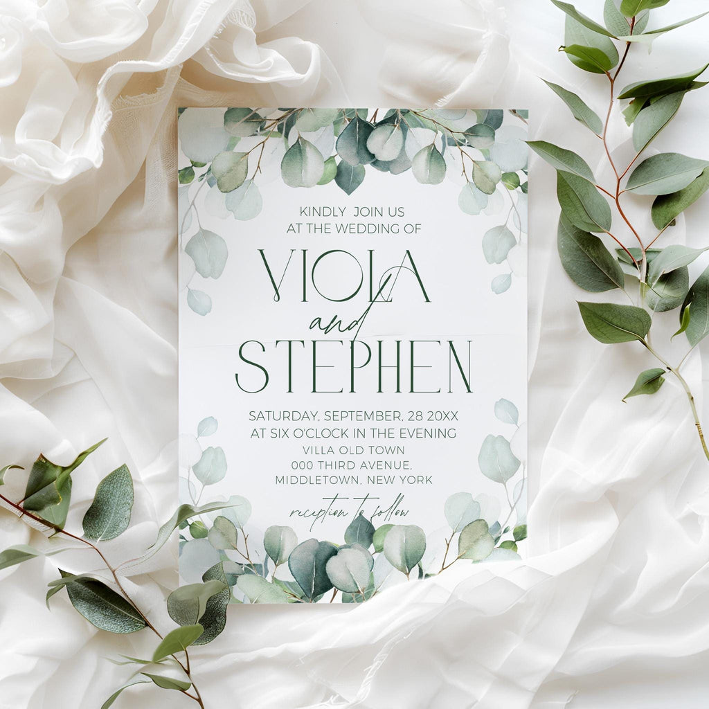Sage Greenery Wedding Invitation Template: Modern Eucalyptus (Instant Download)