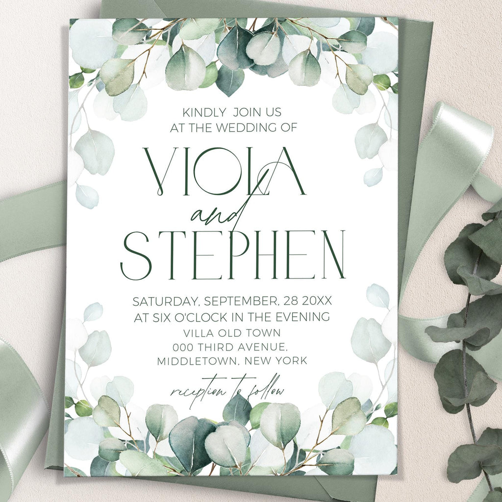sage wedding invitation template, eucalyptus wedding invitation