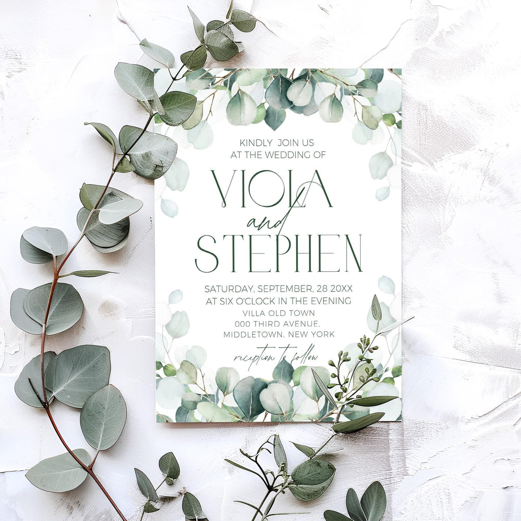 Sage Greenery Wedding Invitation Template: Modern Eucalyptus (Instant Download)