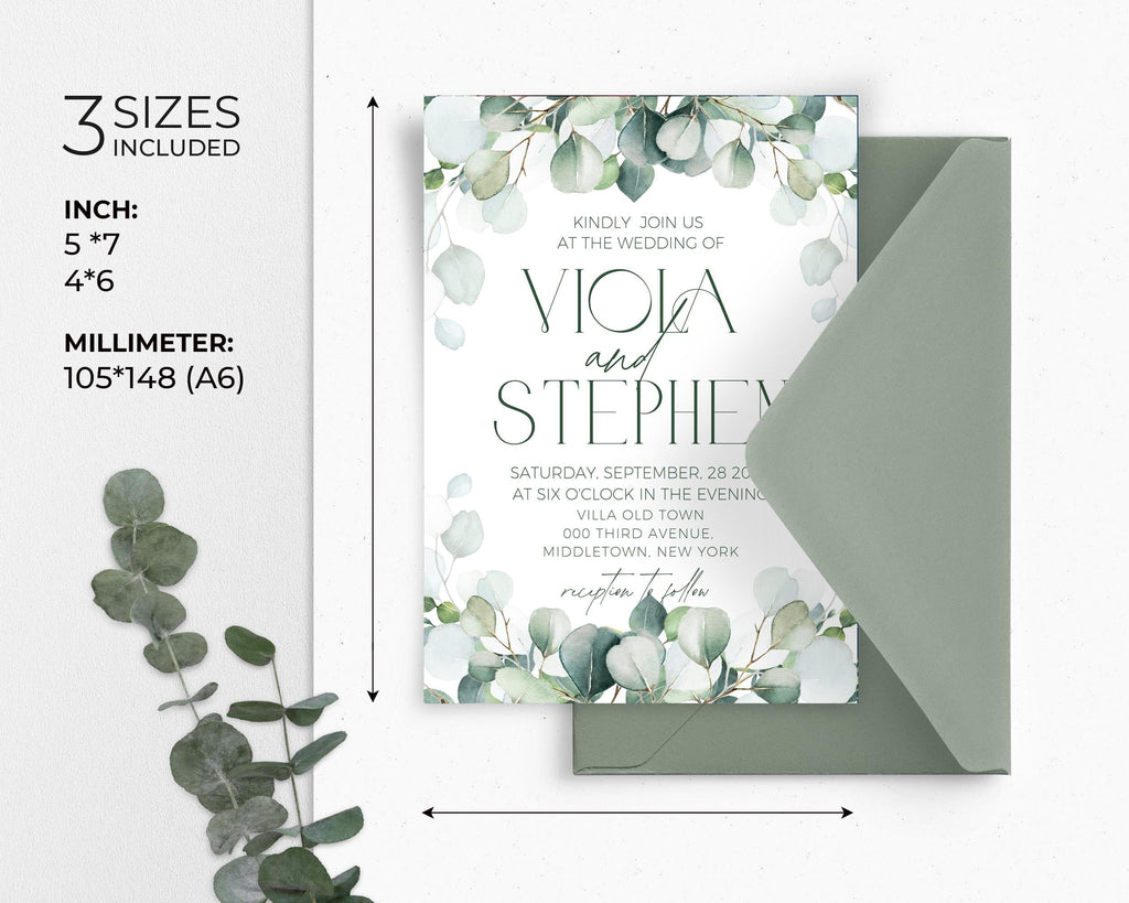 Sage Greenery Wedding Invitation Template: Modern Eucalyptus (Instant Download)