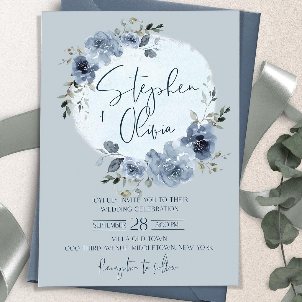Dusty Blue Floral Wreath Wedding Invitation Template (Printable)