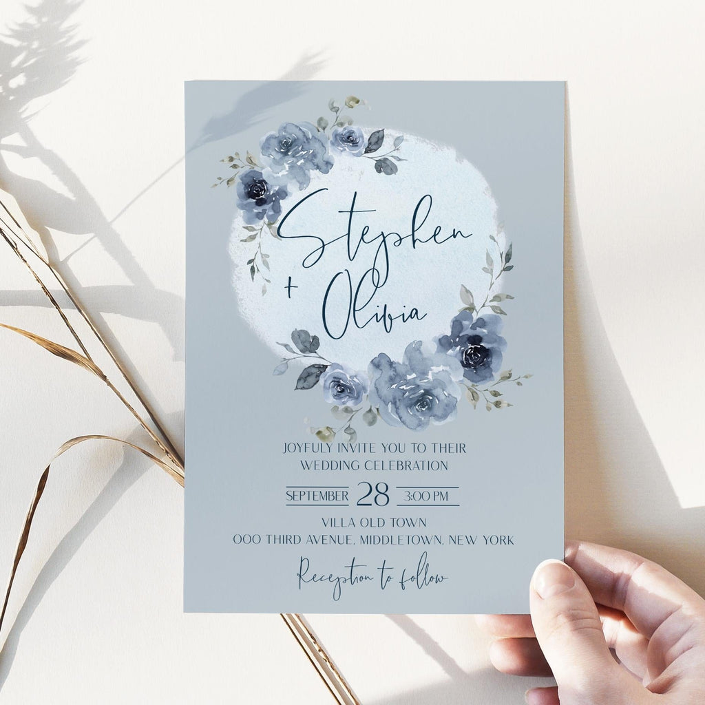 Dusty Blue Floral Wreath Wedding Invitation Template (Printable)