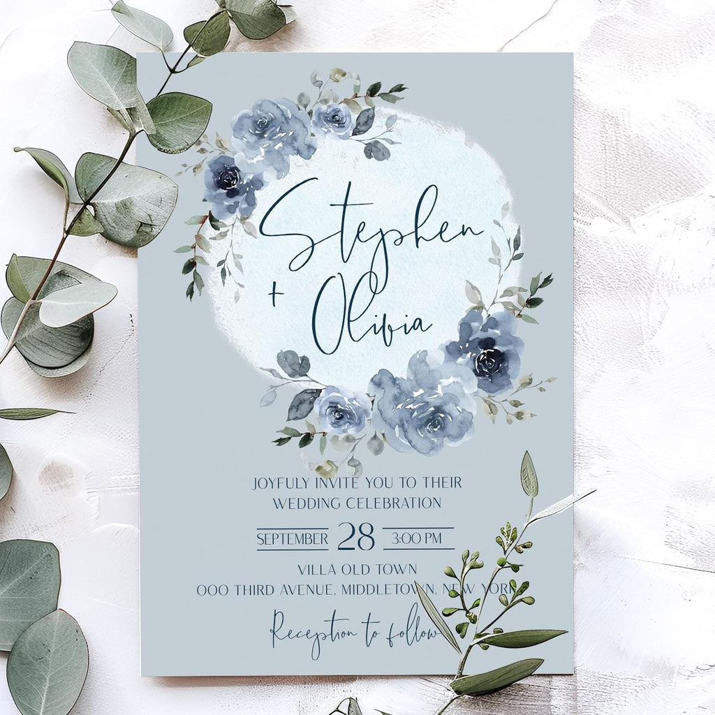 Dusty blue wedding invitation template, blue wreath wedding invitation