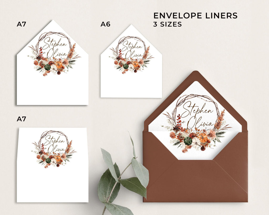 Fall Envelope Liner Template, Printable Autumn Blooming Liner envelope, Terracotta Rust Wedding Stationery Wedding Liner Cooper, Pumpkin