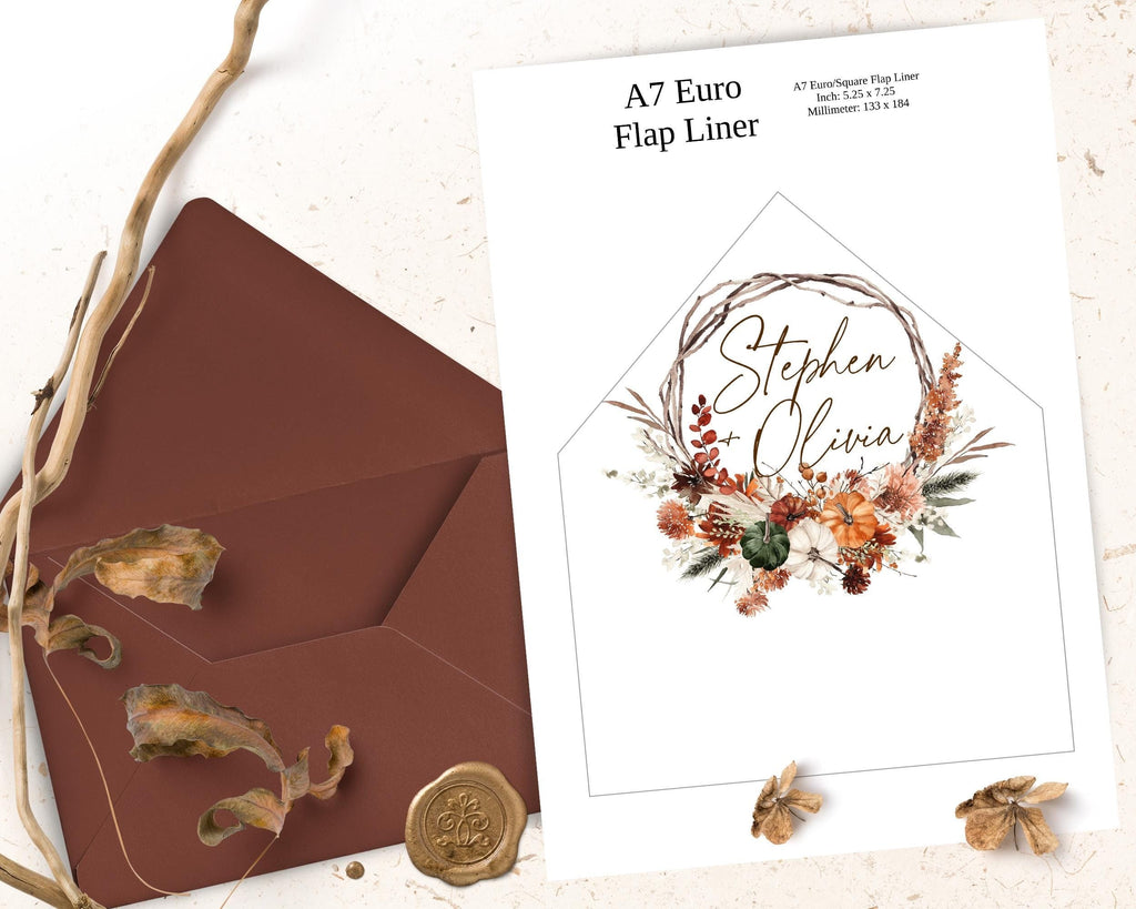 Fall Envelope Liner Template, Printable Autumn Blooming Liner envelope, Terracotta Rust Wedding Stationery Wedding Liner Cooper, Pumpkin