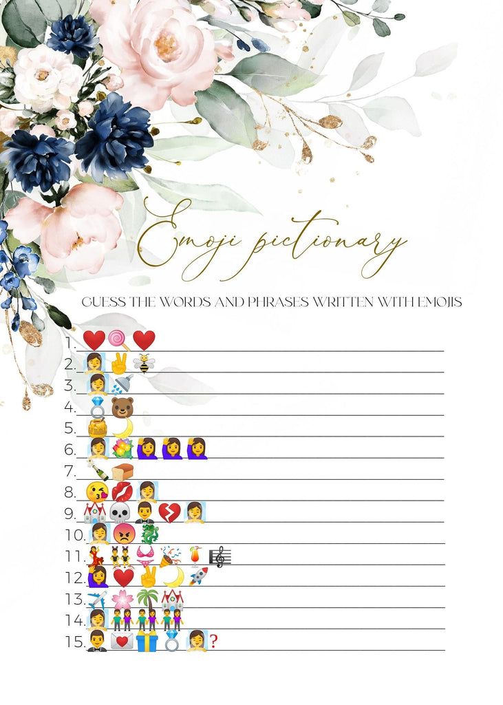 Emoji Game Card Template | Editable Royal BLue Emoji Bridal Shower Game | Navy Blue Pink Printable Emoji Game | Harper