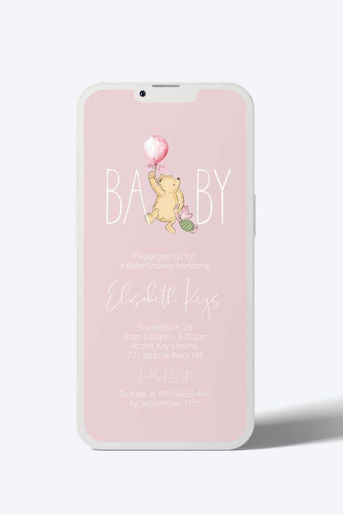 pink balloon baby shower invitation