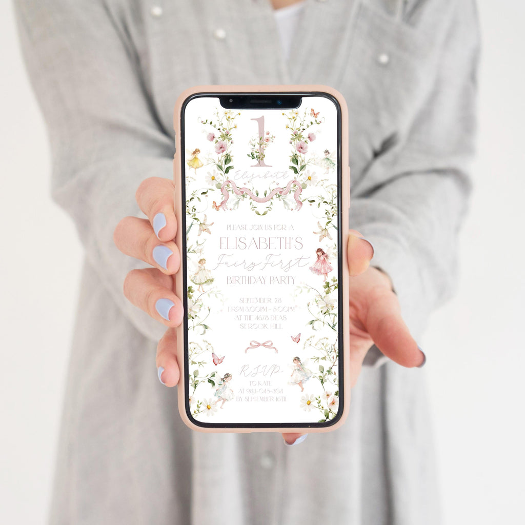 Fairy First Birthday Invitation: Pink Flowers Crest (Digital Template