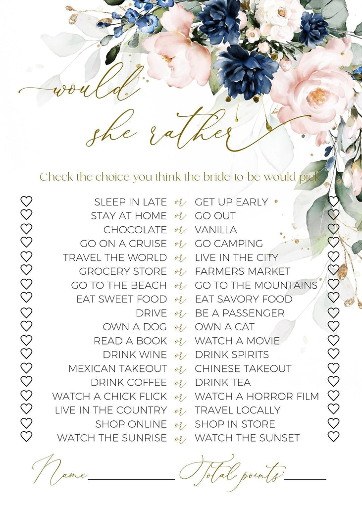 Would She Rather Game Card Template | Editable Royal BLue Bridal Shower Game | Navy Blue Pink Printable Game | Harper