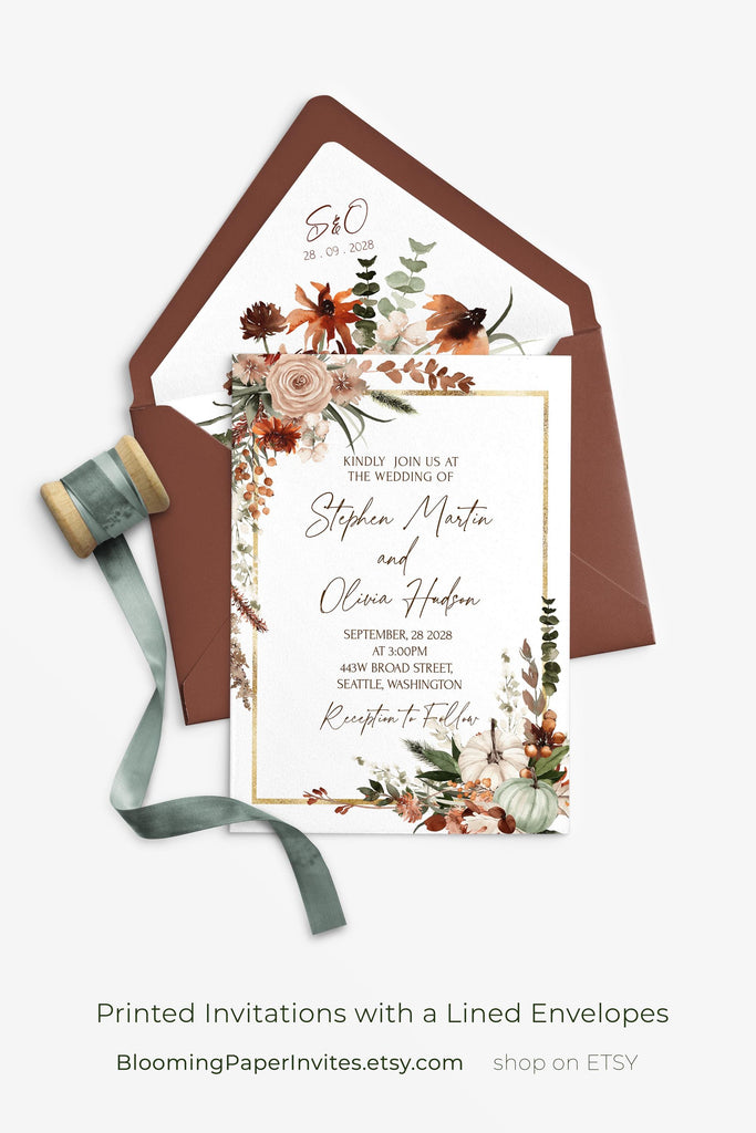 Fall Wedding Invitation Template | Burnt Orange Flowers Printable Wedding Invite | Autumn Boho Editable Invites Pumpkin Copper Terracotta