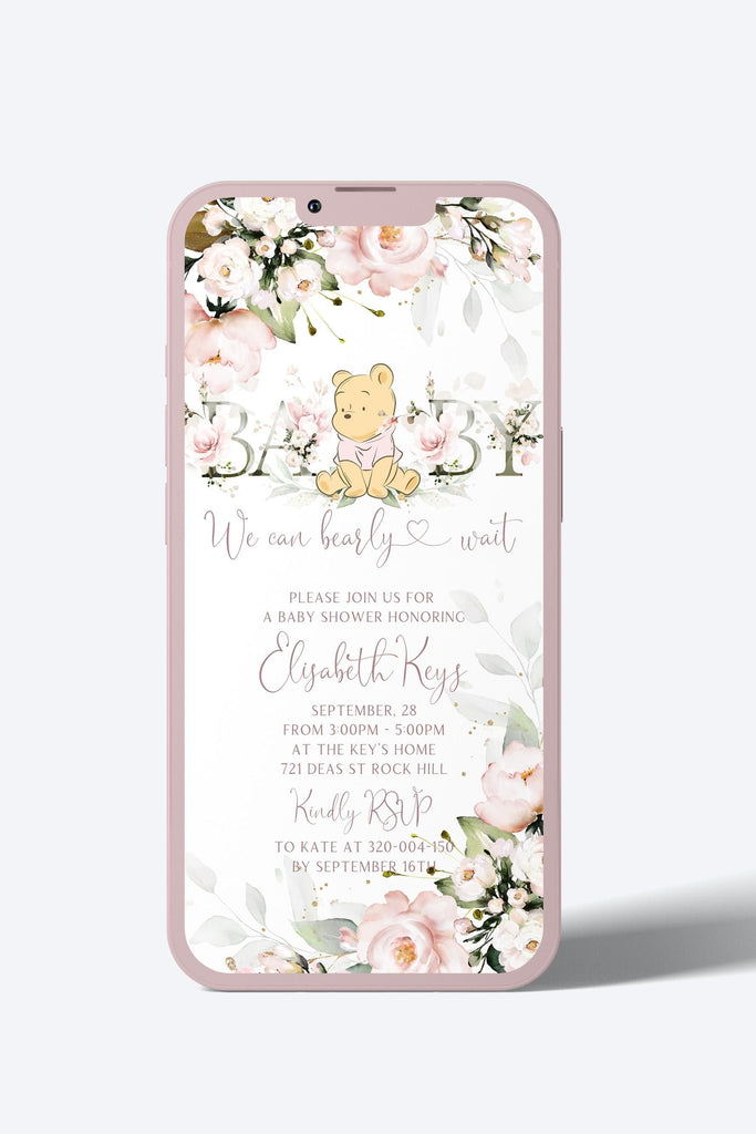 Blush pink baby shower invitation, winnie the pooh baby shower digital invitation