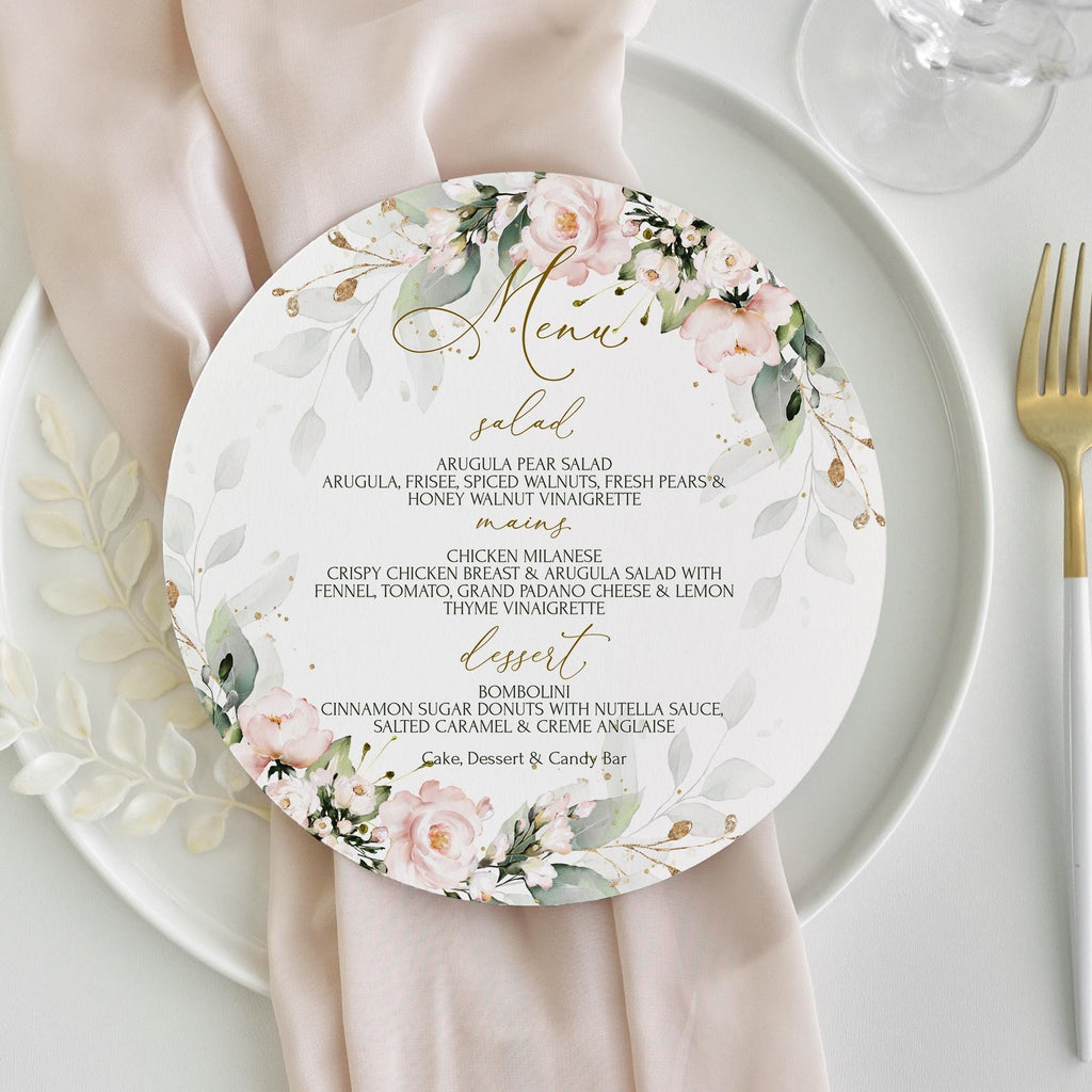 Round blush pink menu template printable circular floral wedding dinner menu card