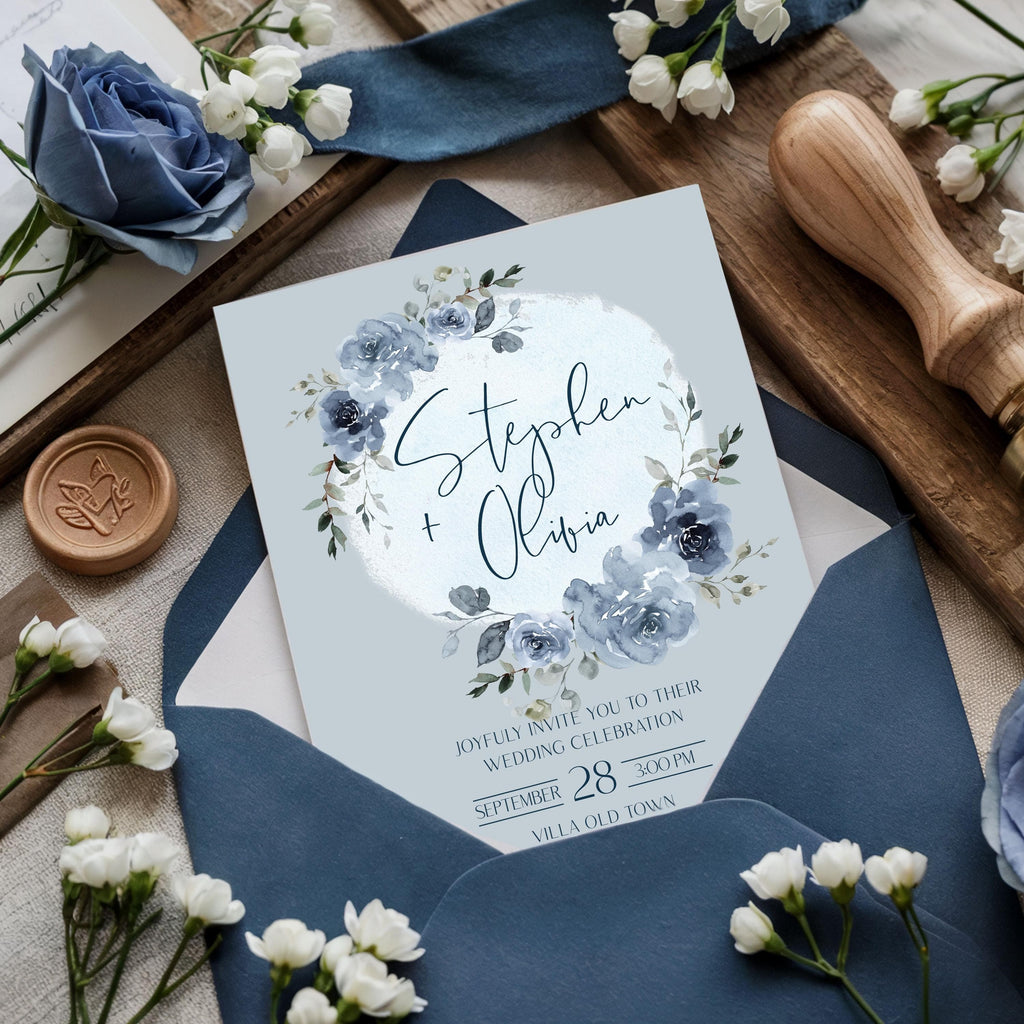 Dusty Blue Floral Wreath Wedding Invitation Template (Printable)