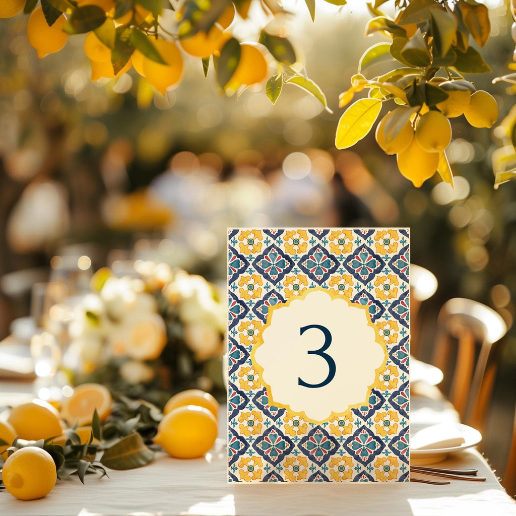 Blue table numbers template Lemon Mediterranean tiles Italian Tuscan wedding table numbers editable DIY printable
