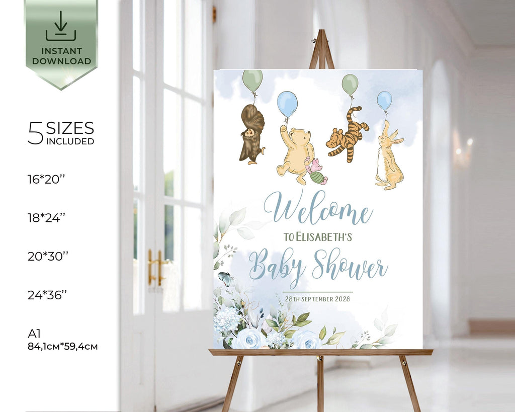 Blue Winnie the Pooh Baby Shower Welcome Sign Poster