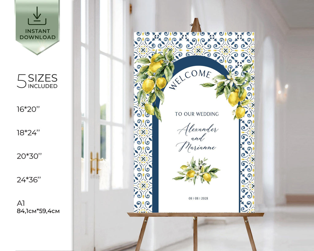 Wedding Welcome Sign Blue Tiles Lemon Italian Tuscan Mediterranean Printable Welcome Poster Board Editable Template