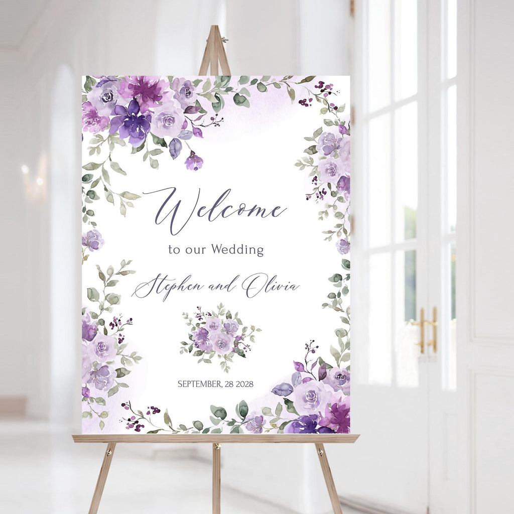 Purple wedding welcome sign lilac template printable watercolor flowers editable custom welcome poster board