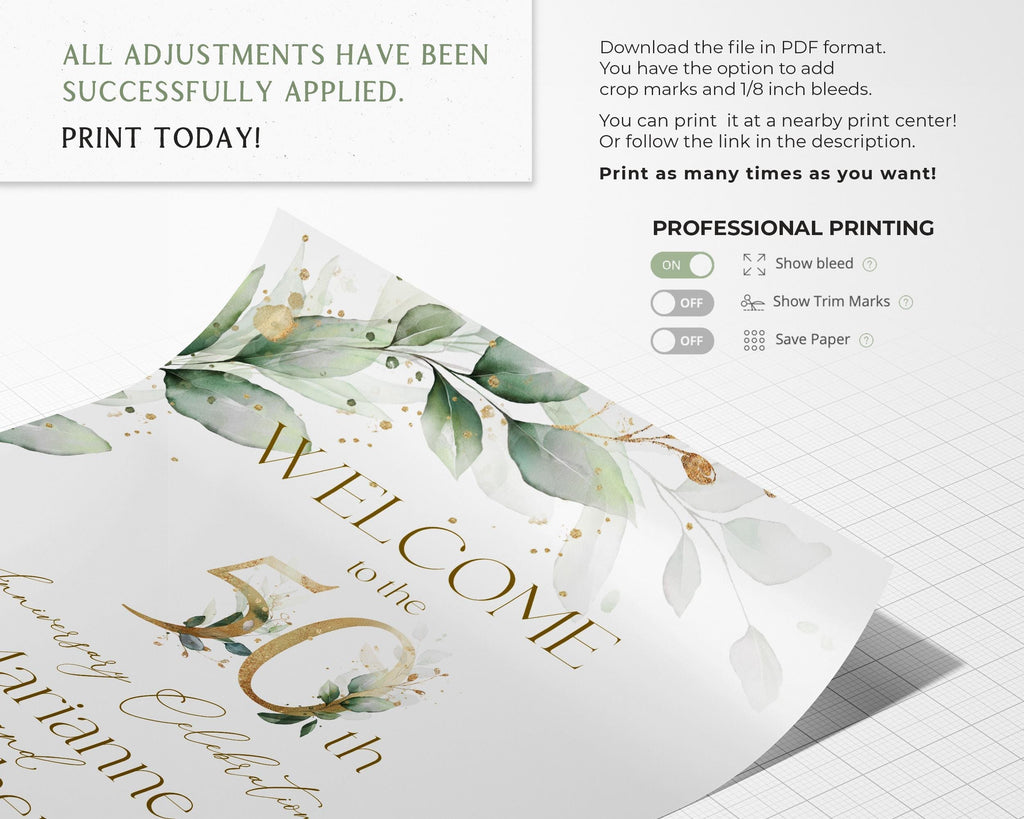50th Anniversary Welcome Sign Template: Sage Green & Gold Eucalyptus (Printable Digital Download)