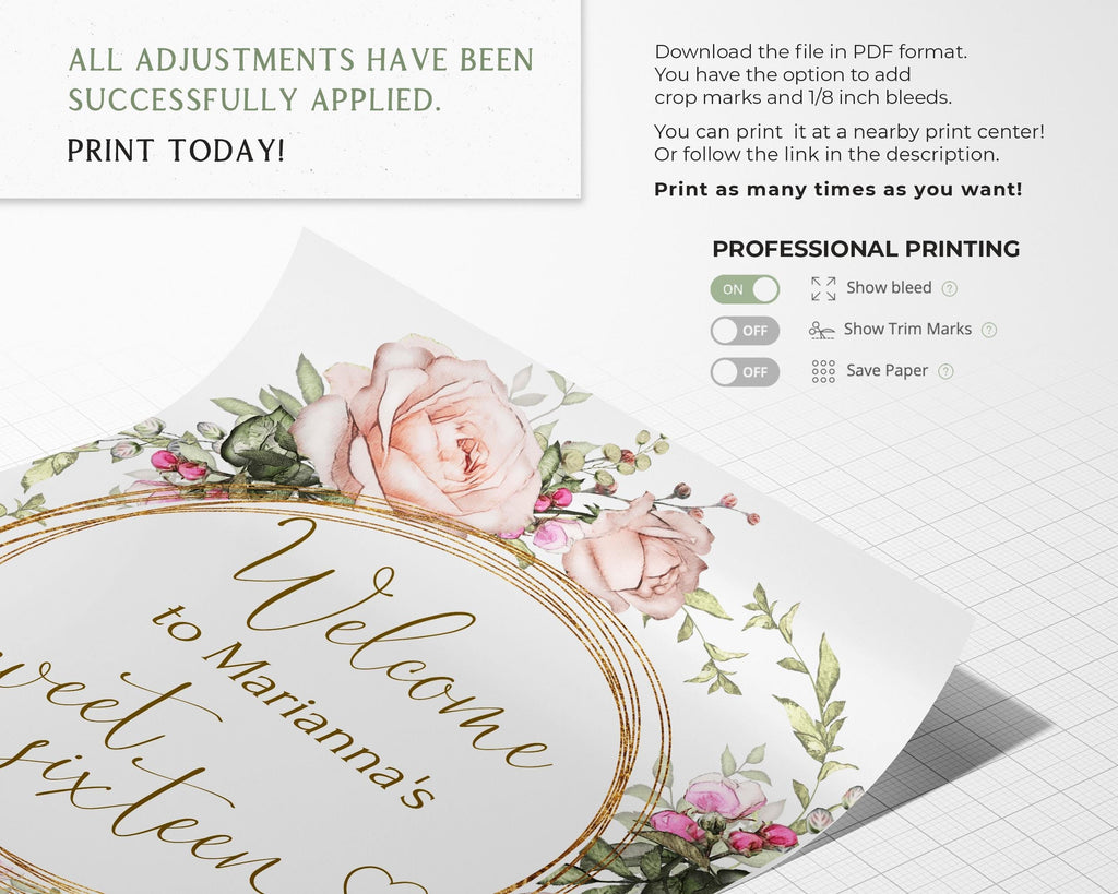 Pink Tea Rose 16th Birthday Welcome Sign Template (Printable Digital Download