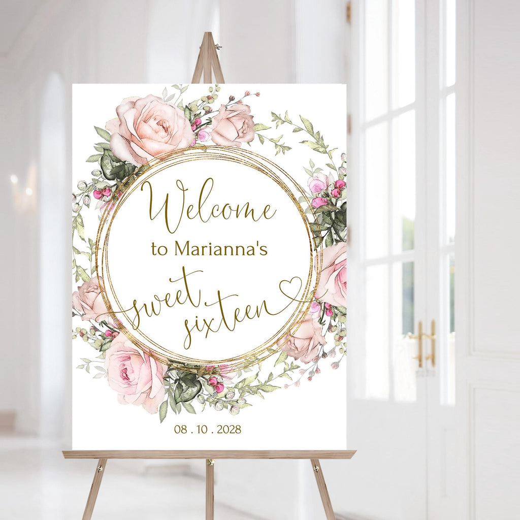 16th birthday party welcome sign template pink tea rose flowers sweet sixteen 16th birthday welcome poster printable