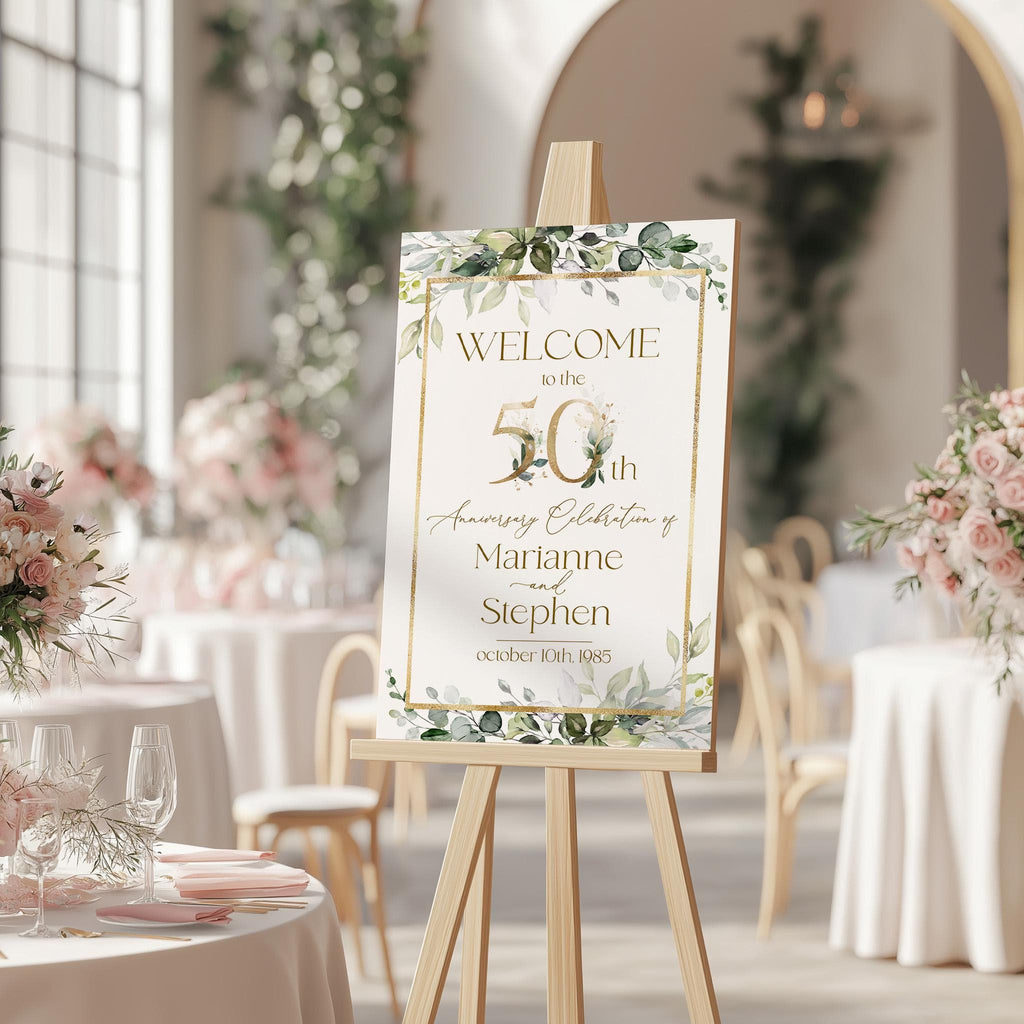 Golden anniversary welcome sign 50th wedding sage gold eucalyptus party template