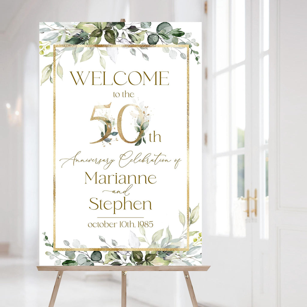 50th sage gold wedding anniversary welcome sign template eucalyptus party