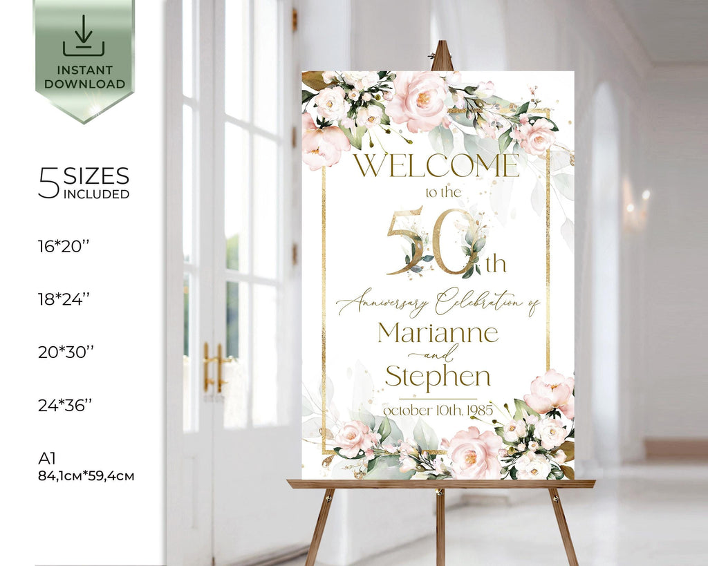 Golden anniversary welcome sign 50th wedding printable template party decor