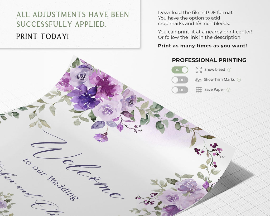 Lilac Wedding Welcome Sign: Watercolor Floral, Editable Template (Printable Poster, Digital Download