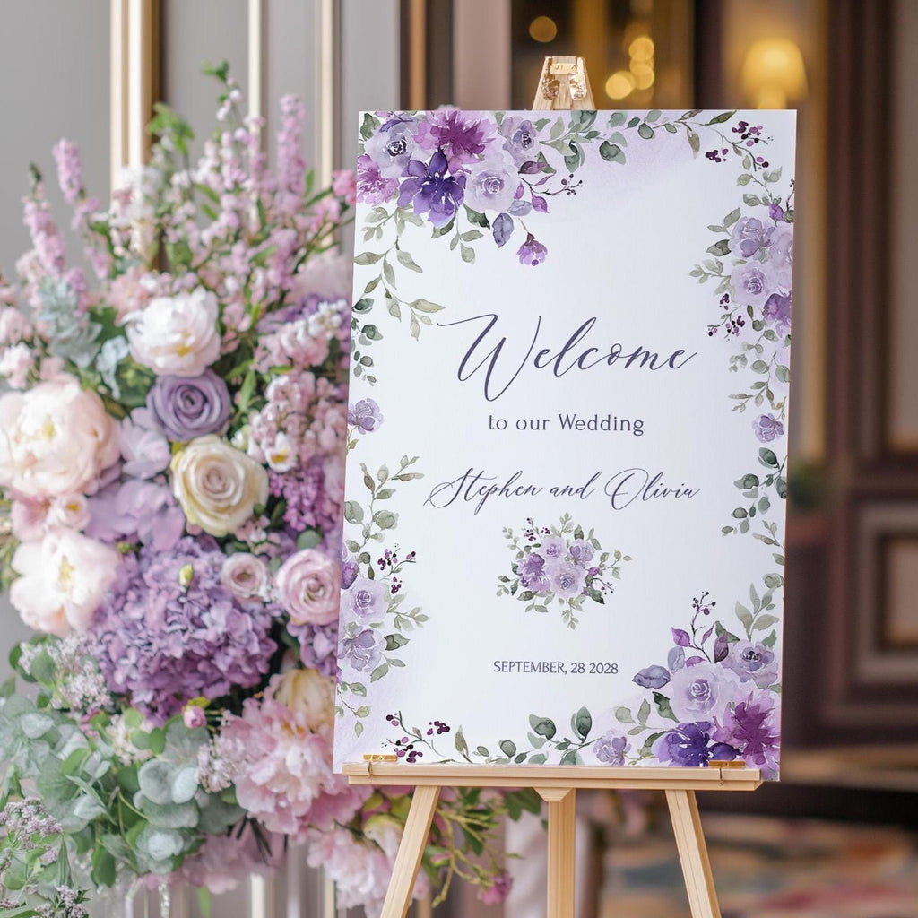 Lilac welcome sign template printable purple wedding welcome poster editable watercolor flowers custom welcome board