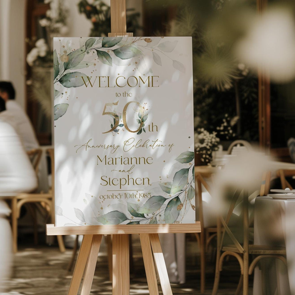 Golden anniversary welcome poster template 50th wedding sage green eucalyptus printable anniversary party welcome board sign