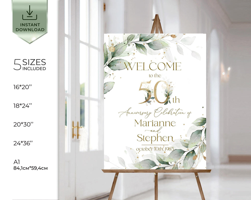 Sage green 50th anniversary welcome sign template eucalyptus anniversary party welcome poster printable board