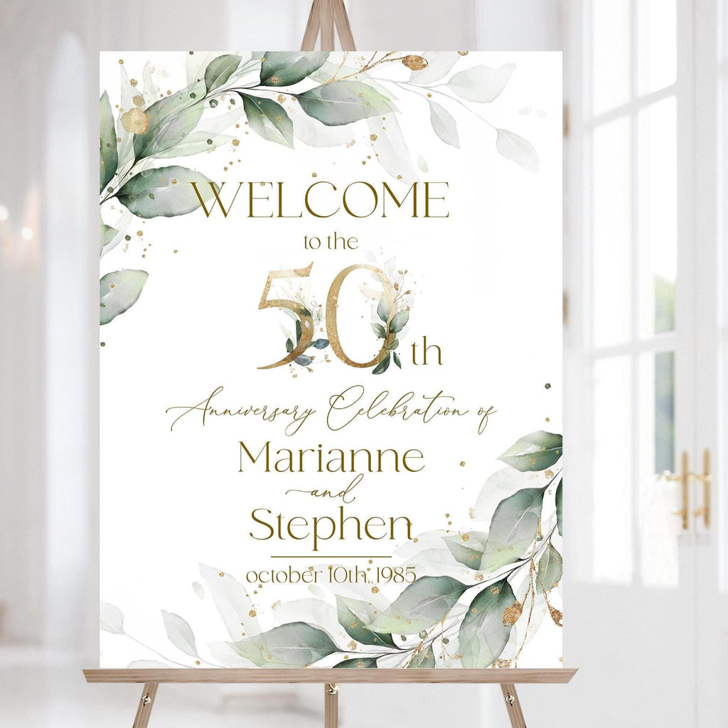 &quot;50th wedding anniversary welcome sign template sage green anniversary party welcome poster printable eucalyptus welcome board