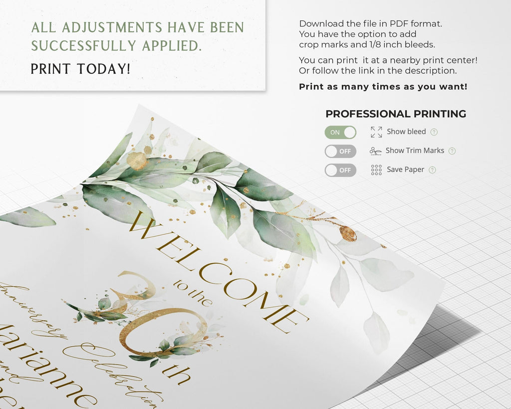 30th Anniversary Welcome Sign Template: Sage Green Printable (Digital Download)
