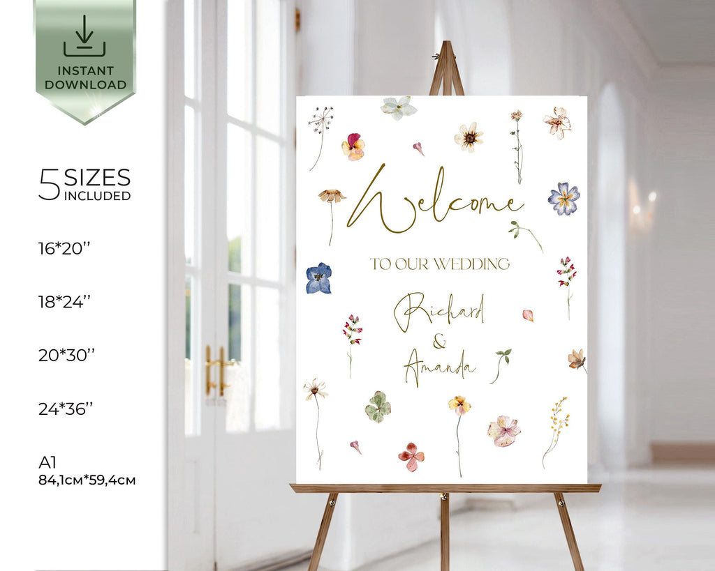 Field flowers wedding welcome board template, wildflower botanical wedding printable instant download