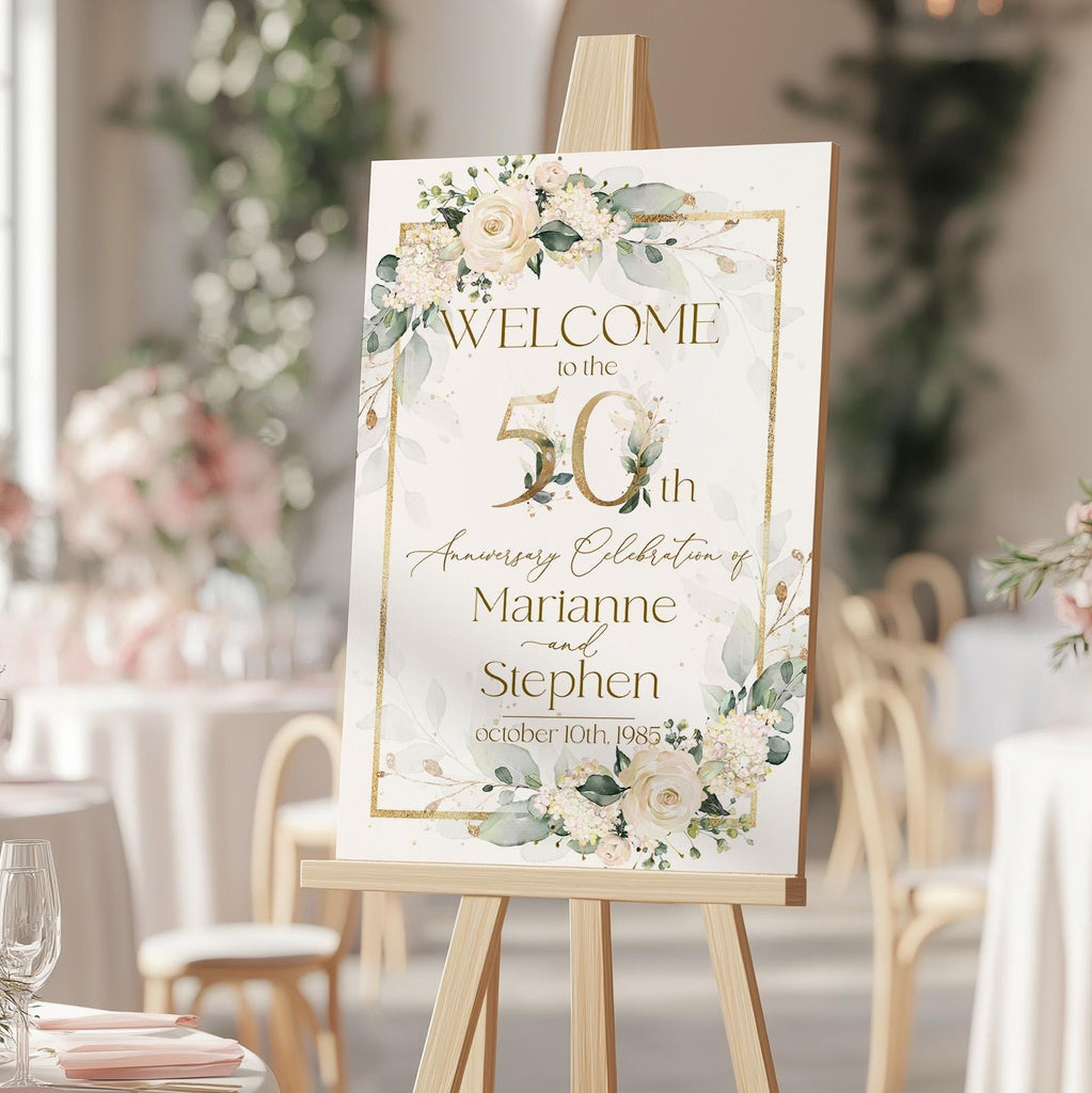 Anniversary welcome sign template 50th golden ivory cream wedding printable