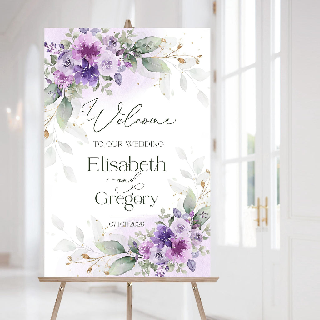 Printable purple wedding welcome board with lilac flowers, editable template