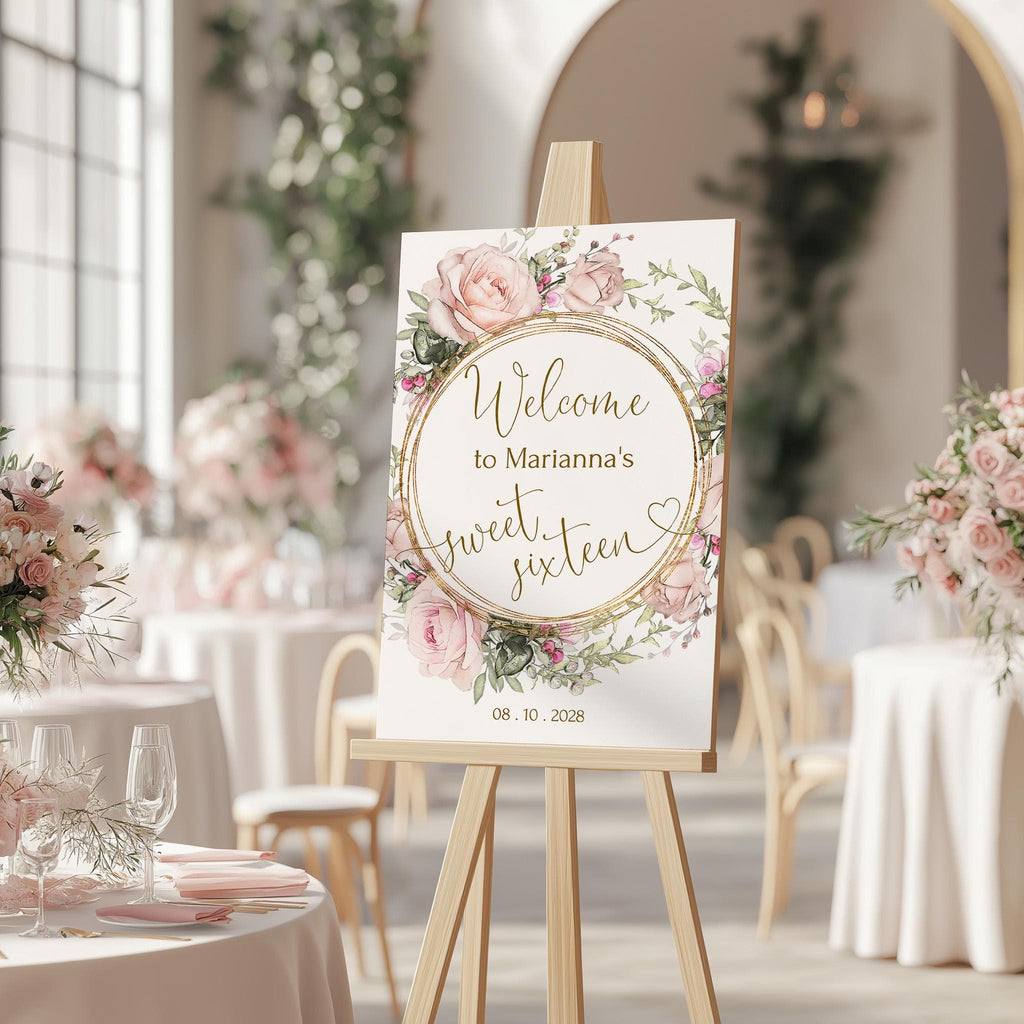 Sweet sixteen party welcome sign pink tea rose flowers 16th birthday welcome poster template printable
