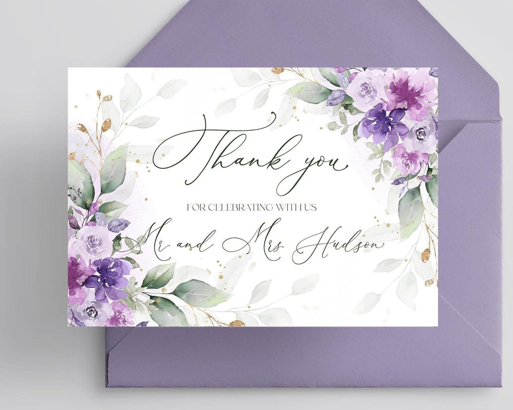 Lilac Floral Wedding Thank You Card Template (Printable, Editable Stationery)
