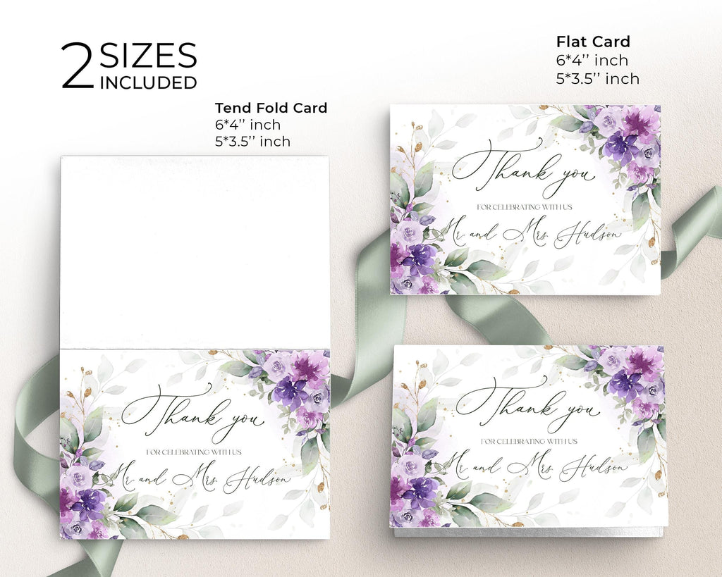 Printable wedding thank you cards lilac purple floral editable template stationery