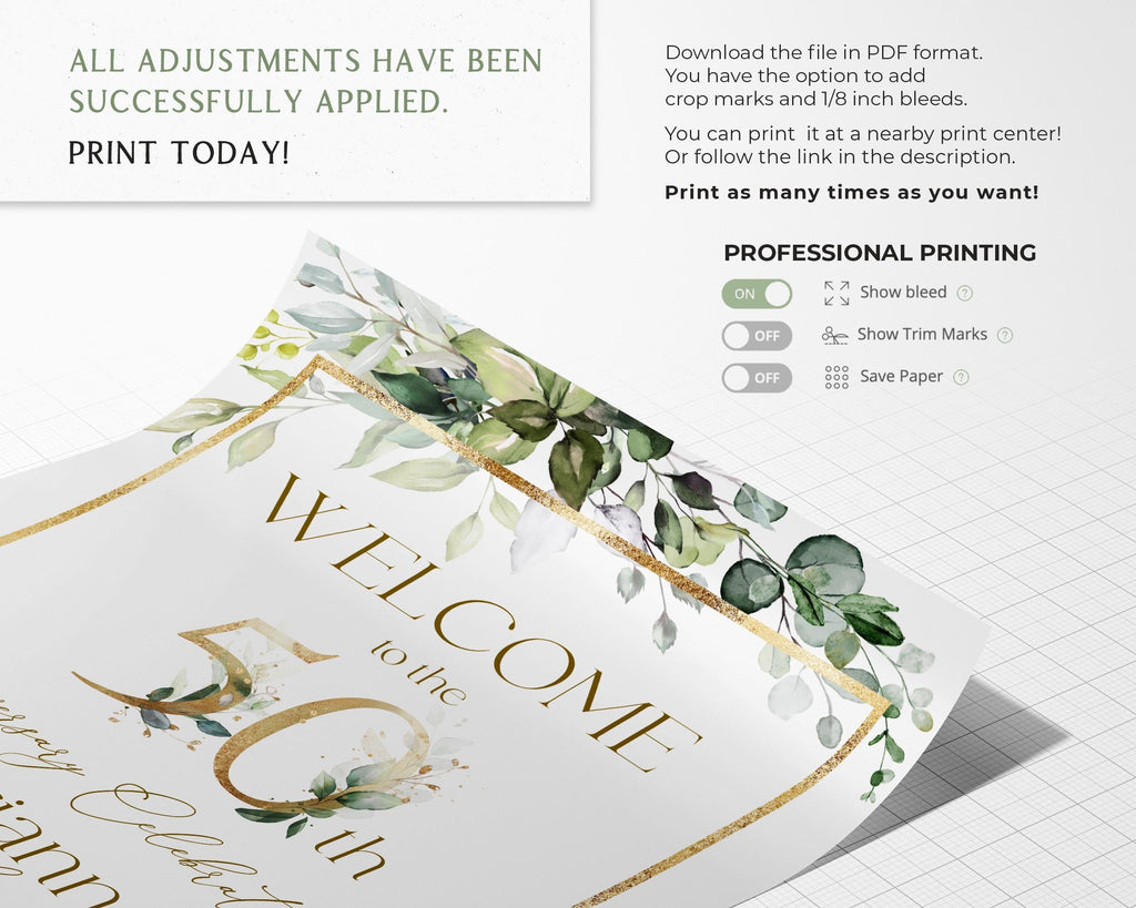 Sage Green & Gold 50th Anniversary Welcome Sign Template (Printable Poster, Digital Download)