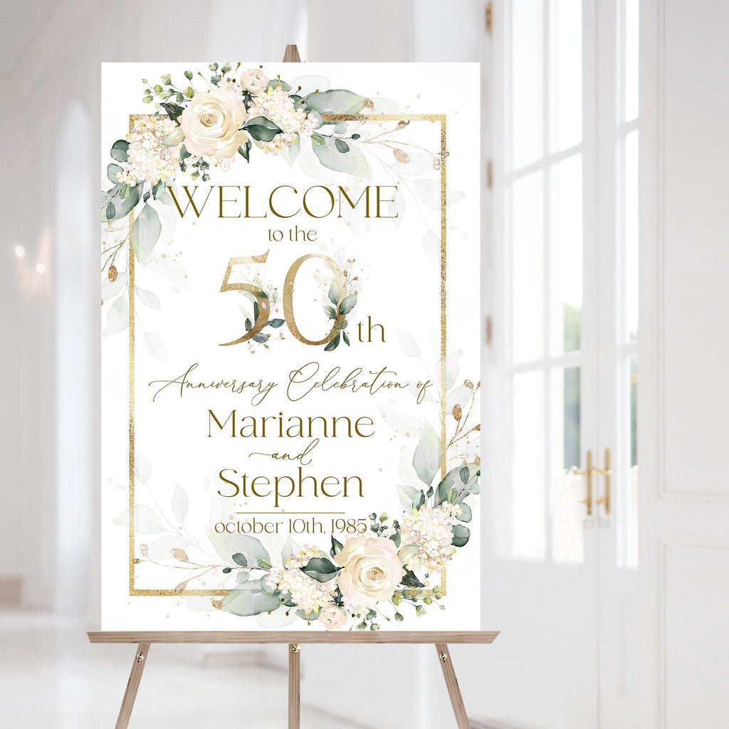 50th anniversary welcome sign template ivory gold cream printable decor