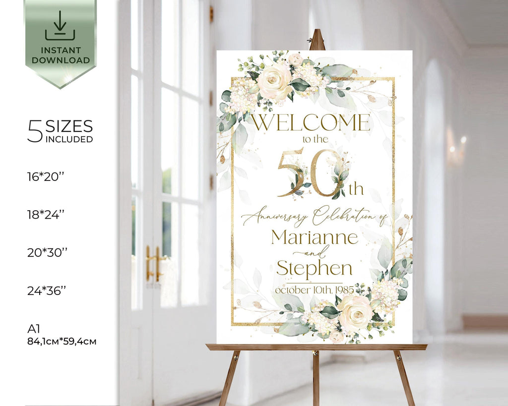 Golden wedding anniversary welcome sign 50 year ivory cream template
