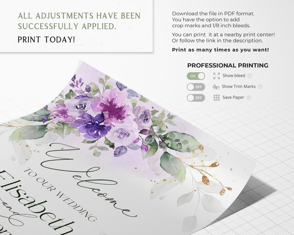 Lilac Wedding Welcome Sign Template: Elegant Purple Decor (Instant Download