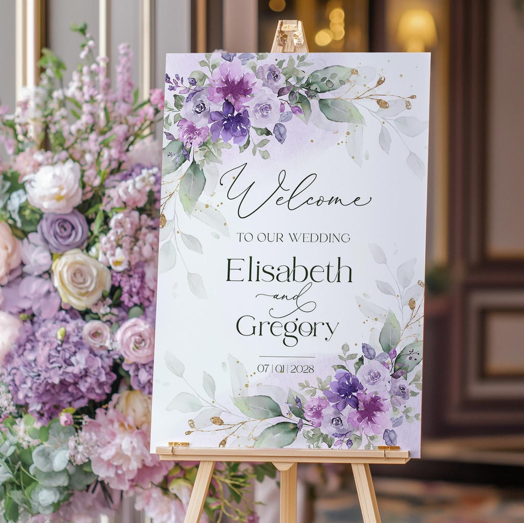 Lilac wedding welcome sign template, editable purple floral poster, instant download
