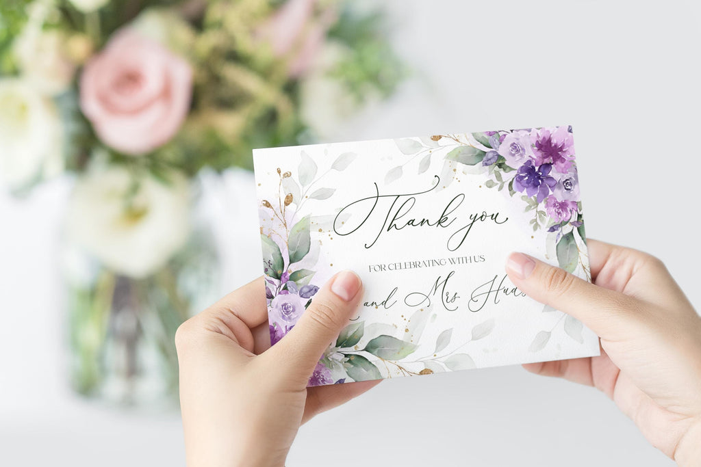 Lilac Floral Wedding Thank You Card Template (Printable, Editable Stationery)